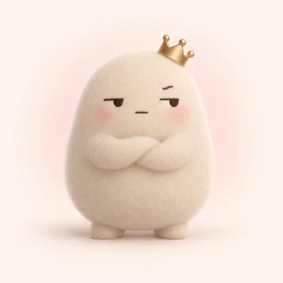 Her Majesty, a felted egg in a crown, arms crossed, unimpressed.