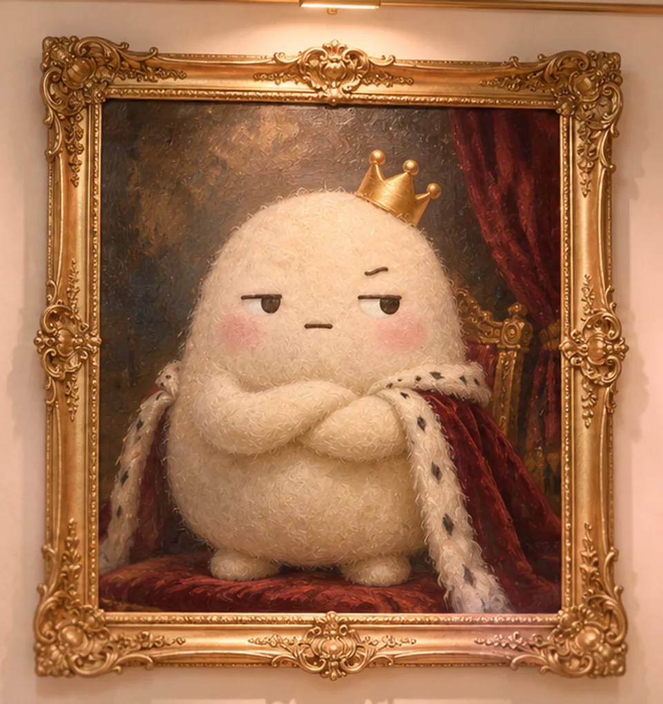 Her Majesty, Not Amused: a cream felted egg in a golden crown and ermine robe, arms crossed, in a gilded frame on a gallery wall.